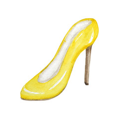 yellow fashion women's shoes on the high heels. Painted hand-drawn watercolor Illustration isolated on a white background. Smart luxury lady shoe collection.