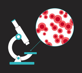 Microscope viewing Red blood cells on a black background. Vector illustration. Medical background. 