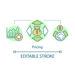 Pricing concept icon. On demand economy benefit idea thin line illustration. Market growth, business competition. Rising graph, money bag and handshake vector isolated outline drawing. Editable stroke