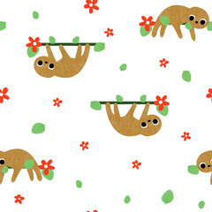 Funny sloth and branch with leaves. Kids print. Vector hand drawn illutration.