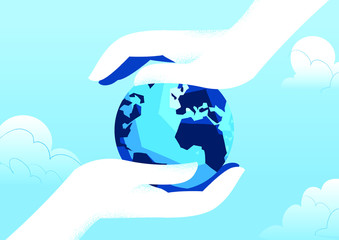 Planet Earth between human hands on blue sky background. Protect, save, care for the planet concept. Planet is in secure hands. Earth day. Vector illustration.
