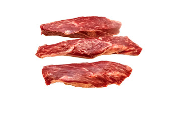 Steak Bottom Sirloin Flap Meat (Bavet) of marbled beef on a white background