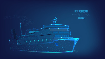 Ocean liner, ship from Polygonal of triangles and points. Concept of business trip, travel or tourism, logistic, shipping. Background of beautiful dark blue night sky. Low poly.