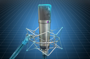 Visualization 3d cad model of microphone with shock-mount, blueprint. 3D rendering