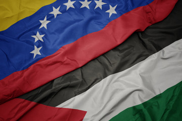 waving colorful flag of palestine and national flag of venezuela.