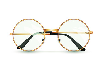 Golden glasses isolated on white background, round black-rimmed glasses, women's and men's accessory. Optics, see well, lens, vintage, trend. Vector illustration. EPS10