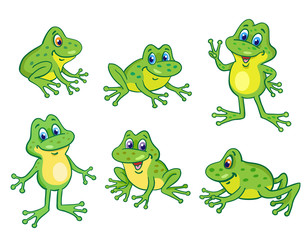 Fototapeta premium Set of six funny little frogs in cartoon style sitting and jumping on white background.
