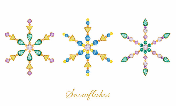 Watercolor Christmas snowflake crystal set. Beautiful bright colors jewelry medallion, brooch, decoration on neck. Fashion brilliant stones, rhinestones. New Year greeting card design concept.