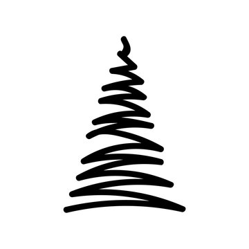 Vector illustration, Christmas tree icon. Hand drawn line sketched style. Isolated, on white background. Applicable as decorative element for interior designs, greeting postcards, posters, flyers etc.