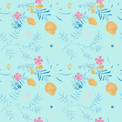 Garden background with modern illustration floral decoration. Repeating leaves, petal thorns pattern. Soulful flora expression. Mediterranean cloth yard decor. Elegance plate serving seamless ornament