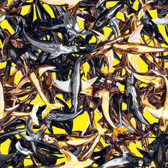 Seamlessly loopable pattern of metallic design dolphins on yellow background