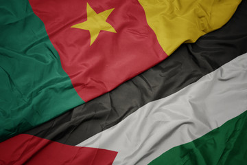 waving colorful flag of palestine and national flag of cameroon.