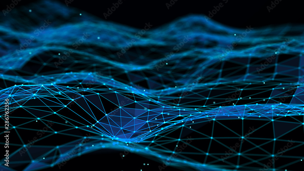 Poster Abstract polygonal space. Connection dots and lines structure. Digital background. Triangular business wallpaper. 3d