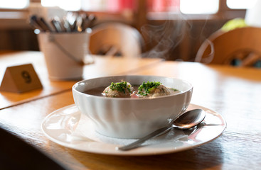 traditional austrian bacon dumpling soup from South Tyrol