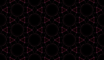 Minimalistic seamless pattern on black background. Abstract design of repeating glowing elements.