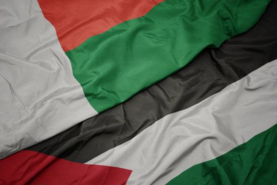 waving colorful flag of palestine and national flag of madagascar.