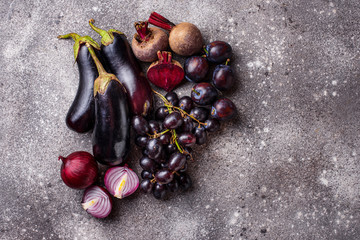Set of purple vegetables and fruits
