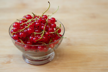 Juicy and ripe red currants in a small glass bowl, a cup stands on a light wooden background. Copy space