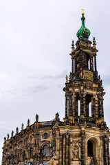 Fototapeta na wymiar Bell tower of the Dresden Cathedral, the Cathedral of the Holy Trinity, the Catholic Church of the Royal Court of Saxony.