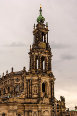 Fototapeta na wymiar Bell tower of the Dresden Cathedral, the Cathedral of the Holy Trinity, the Catholic Church of the Royal Court of Saxony.