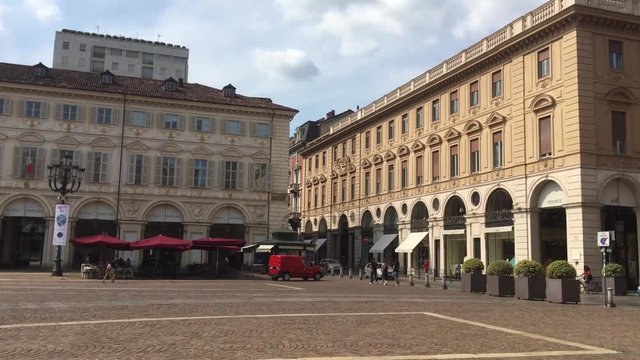 view of Piazza San Carlo in Turin with monuments and church