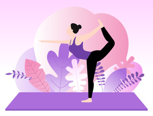 Obraz na płótnie Canvas Young woman doing yoga. Purple background with plant silhouette.