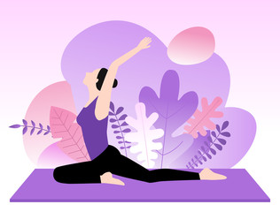 Young woman doing yoga. Purple background with plant silhouette.