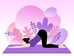 Young woman doing yoga. Purple background with plant silhouette.
