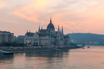 Obraz na płótnie Canvas Aerial view of Budapest parliament and the Danube river at sunset, Hungary.