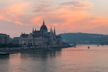Aerial view of Budapest parliament and the Danube river at sunset, Hungary.