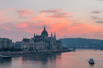 Fototapeta na wymiar Aerial view of Budapest parliament and the Danube river at sunset, Hungary.
