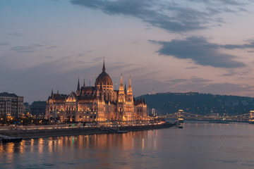Fototapeta na wymiar Aerial view of Budapest parliament and the Danube river at sunset, Hungary.