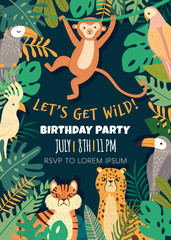 Birthday invitation with with tropical animals and bird in jungle. Exotic animals, birds, plants. Monkey, leopard, tiger, parrot, toucan. Greeting card Template Vector illustration