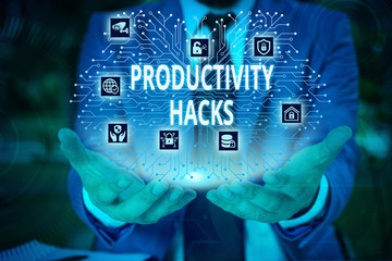 Word writing text Productivity Hacks. Business photo showcasing tricks that you get more done in the same amount of time Male human wear formal work suit presenting presentation using smart device © Zofia