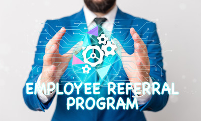 Text sign showing Employee Referral Program. Business photo text employees are rewarded for introducing recruits Male human wear formal work suit presenting presentation using smart device