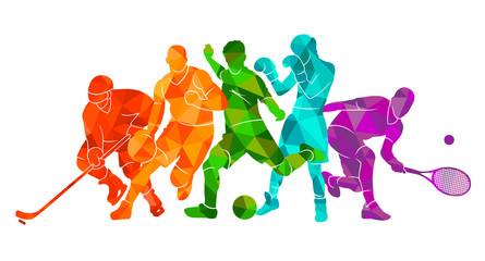 Fototapeta na wymiar Color sport background. Football, basketball, hockey, box, \nbaseball, tennis. Vector illustration colorful silhouettes athletes