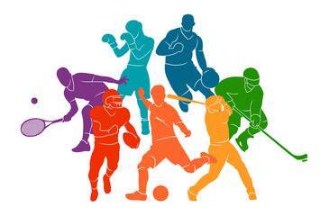 Color sport background. Football, basketball, hockey, box, \nbaseball, tennis. Vector illustration colorful silhouettes athletes