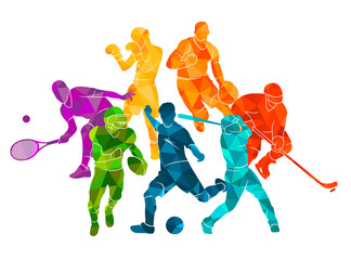 Color sport background. Football, basketball, hockey, box, \nbaseball, tennis. Vector illustration colorful silhouettes athletes