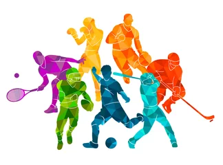Poster Color sport background. Football, basketball, hockey, box, \nbaseball, tennis. Vector illustration colorful silhouettes athletes © Razym