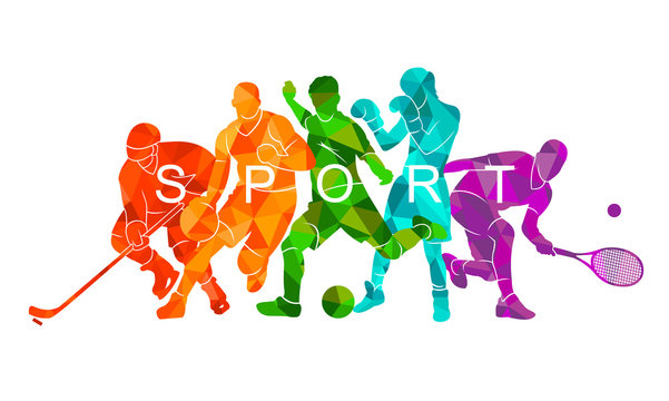 Color sport background. Football, basketball, hockey, box, \nbaseball, tennis. Vector illustration colorful silhouettes athletes