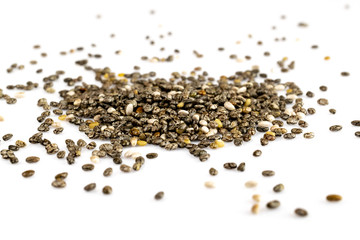 Organic Chia Seed, super food over white background. Healthy breakfast, vitamin snack, diet and healthy eating concept.