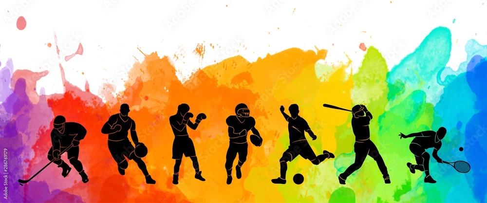 Wall mural Color sport background. Football, basketball, hockey, box, \nbaseball, tennis illustration colorful silhouettes athletes