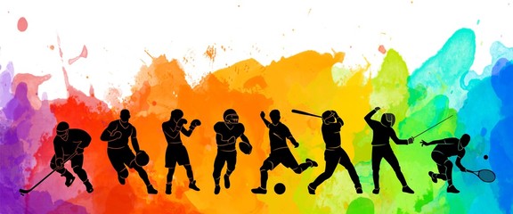Color sport background. Football, basketball, hockey, box, \nbaseball, tennis illustration colorful silhouettes athletes - obrazy, fototapety, plakaty