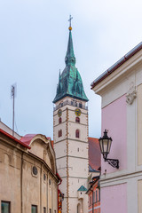 Spiky tower of Church of the Assumption of the Virgin Mary in Jindrichuv Hradec, Czech Republic