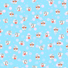 Vector illustration, toilet paper seamless pattern. Happy smiles, cartoon style, cute pastel blue background. Applicable for wrapping paper designs, textile, concepts for kids etc.