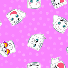 Vector illustration, toilet paper seamless pattern. Happy smiles, cartoon style, cute pink background. Applicable for wrapping paper designs, textile, concepts for kids etc.