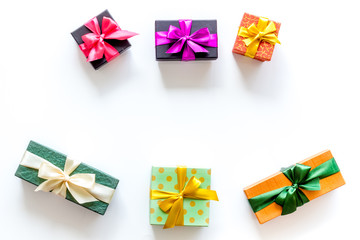 frame from boxes with presents on white background top view mockup