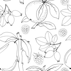 seamless pattern with pear, mandarin, and berries in black and white
