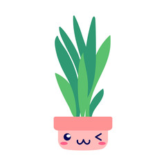 Kawaii smiling potted house plant. Flat style. For cute greeting cards or interior elements, applicable for bright home decorations posters, hygge illustrations etc. Isolated vector illustration.