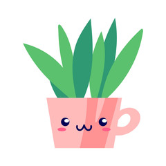 Kawaii smiling potted house plant. Flat style. For cute greeting cards or interior elements, applicable for bright home decorations posters, hygge illustrations etc. Isolated vector illustration.